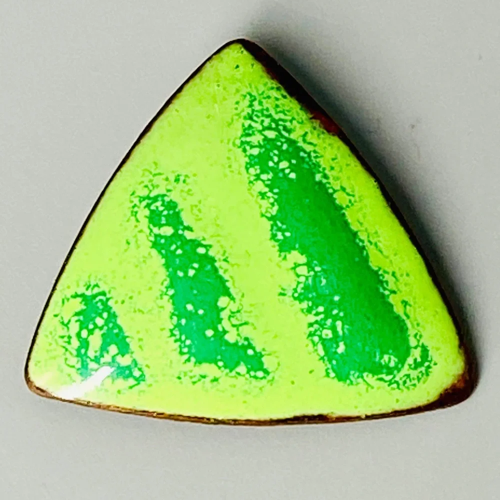 Vintage Enamel Copper Triangle Pin One of a Kind Green Lime & Kelly - Picture 3 of 9